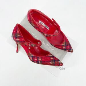 NWB Manolo Blahnik Camparinew Red Plaid Wool Mary Jane Pointed Toe Heels IT 37
